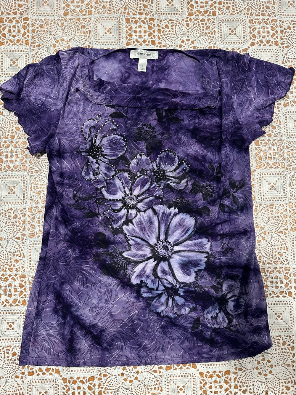 DressBarn Purple Floral Embellished Top Size Small Made USA